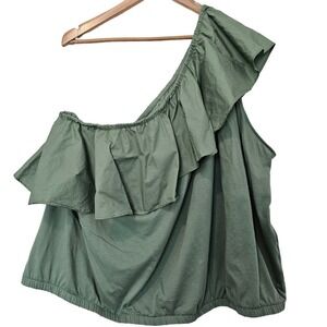 A New Day Blouse Womens 3X Green One Shoulder Ruffle Sleeveless Boho Top